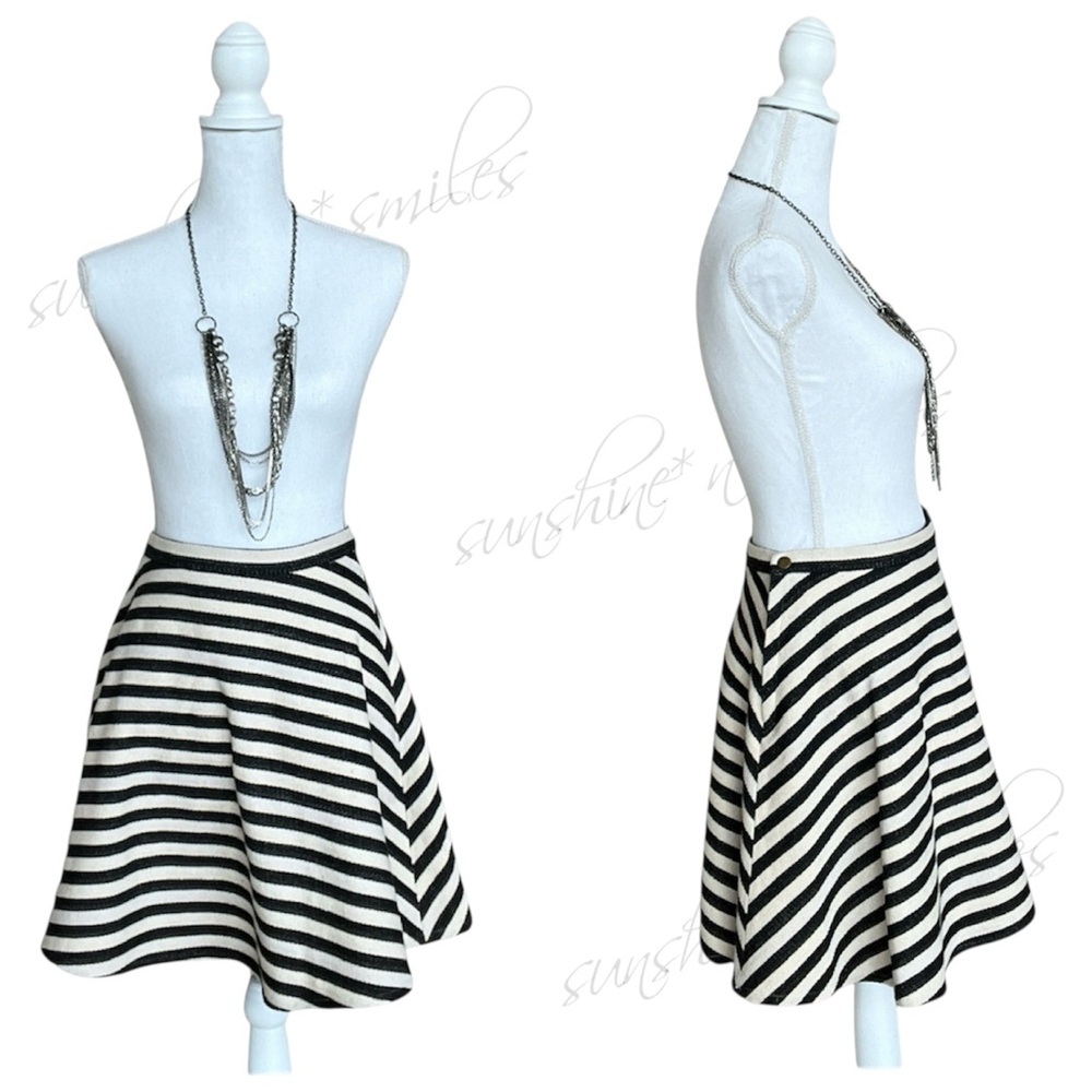 GREYLIN from ANTHROPOLOGIE Striped Black / Cream Twill Flare Skater Skirt size 4